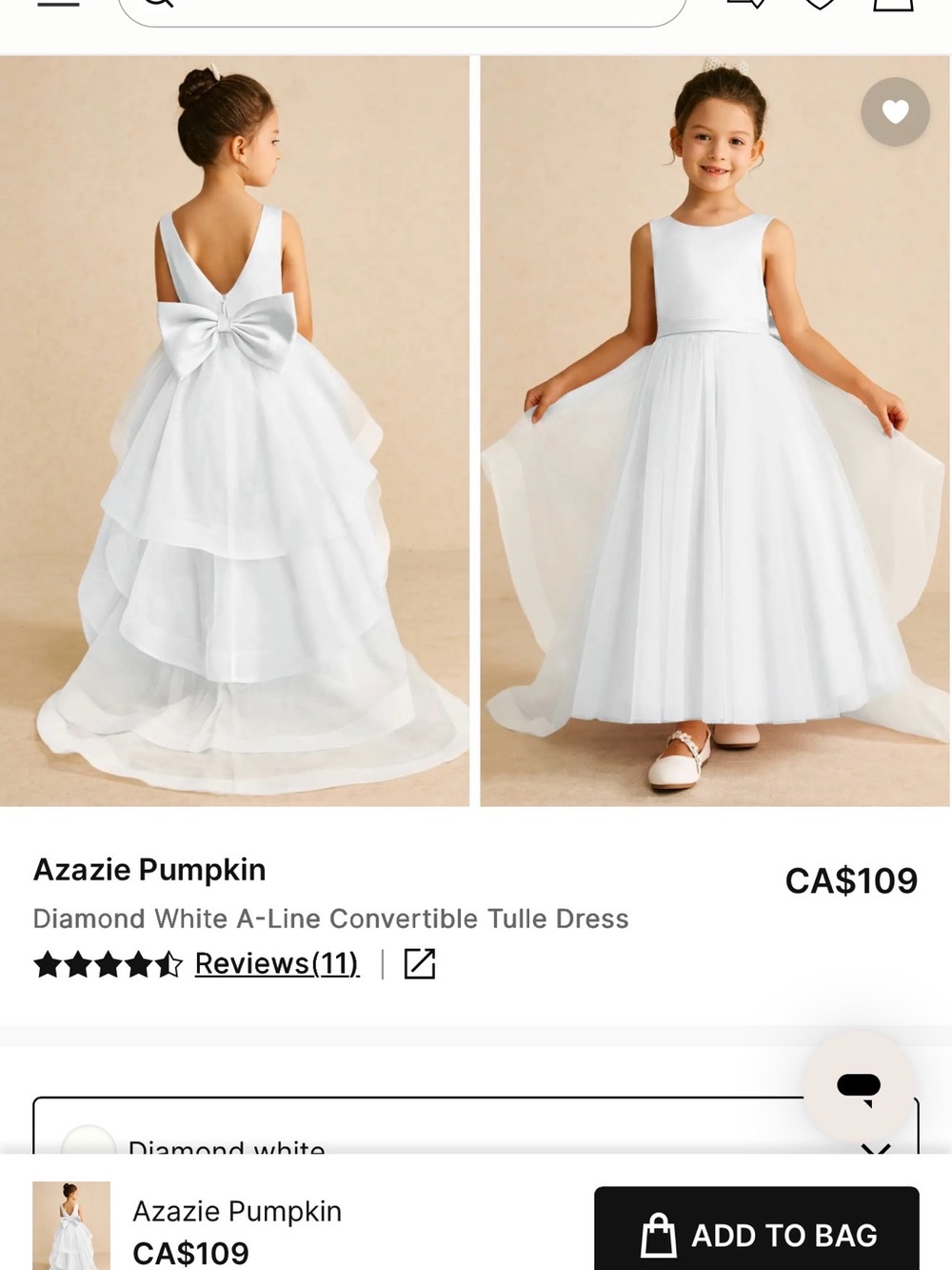 Azazie Diamond White Girls' Convertible Tulle Dress with Bow